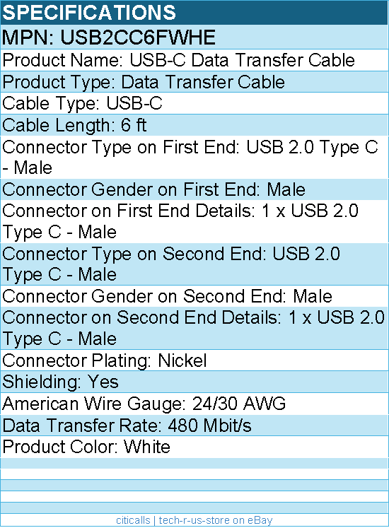 StarTech USB2CC6FWHE 6ft (1.8m) White USB-C Charging Cable, USB 2.0 Type-C