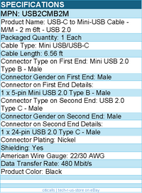 StarTech USB2CMB2M 2m 6 ft USB C to Mini USB Cable - M/M - USB 2.0 - Black