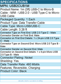 StarTech USB2CUB1M USB C to Micro USB Cable - 3 ft / 1m - USB 2.0 Cable