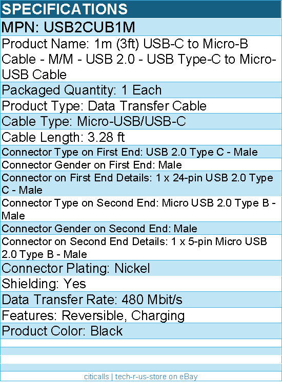 StarTech USB2CUB1M USB C to Micro USB Cable - 3 ft / 1m - USB 2.0 Cable