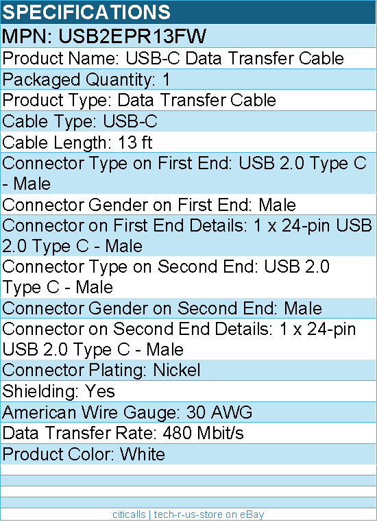 StarTech USB2EPR13FW 13ft White USB-C Charging Cable, USB-IF Certified