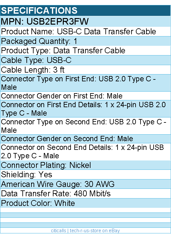 StarTech USB2EPR3FW 3ft White USB-C Charging Cable, USB-IF Certified USB C Cable