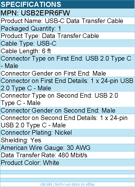 StarTech USB2EPR6FW 6ft White USB-C Charging Cable, USB-IF Certified USB C Cable