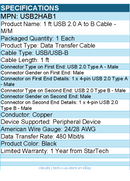 StarTech USB2HAB1 1 ft USB 2.0 A to B Cable - M/M - Black