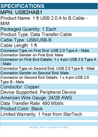 StarTech USB2HAB1 1 ft USB 2.0 A to B Cable - M/M - Black
