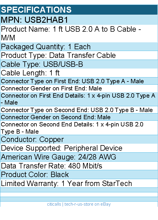 StarTech USB2HAB1 1 ft USB 2.0 A to B Cable - M/M - Black