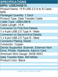 StarTech USB2HAB15 USB 2.0 A to B Cable - 15 ft - 24/28 AWG - Black