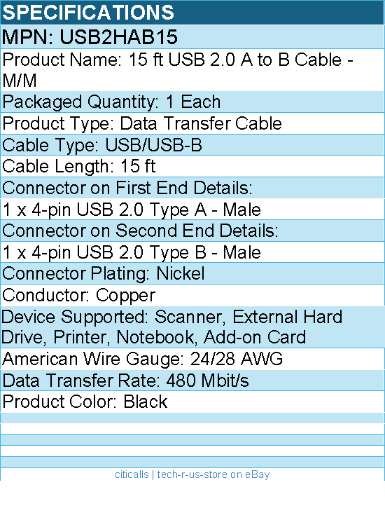StarTech USB2HAB15 USB 2.0 A to B Cable - 15 ft - 24/28 AWG - Black