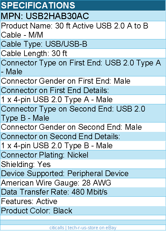 StarTech USB2HAB30AC 9 m / 30 ft Active USB A to B Cable - M/M - Black