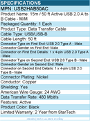 StarTech USB2HAB50AC 15m / 50 ft Active USB 2.0 A to B Cable - M/M - Black