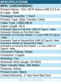 StarTech USB2HAB50AC 15m / 50 ft Active USB 2.0 A to B Cable - M/M - Black