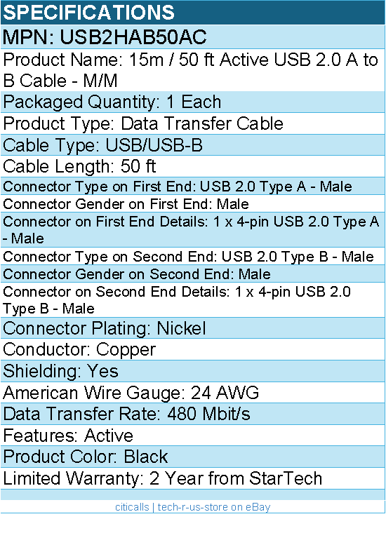 StarTech USB2HAB50AC 15m / 50 ft Active USB 2.0 A to B Cable - M/M - Black