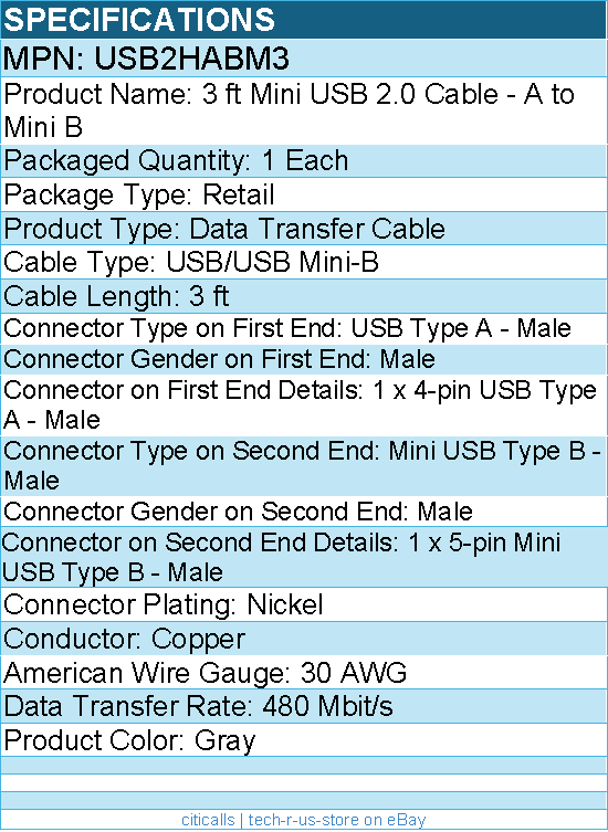 StarTech USB2HABM3 Mini USB 2.0 Cable - 4pin USB Type A - 5pin mini-USB Type B