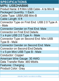 StarTech USB2HABM6 6 ft Mini USB Cable - Charging - Gray