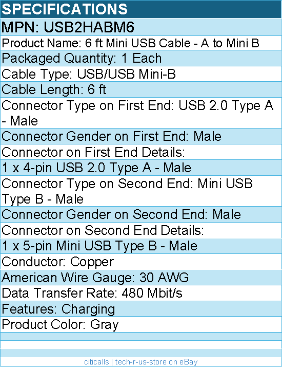 StarTech USB2HABM6 6 ft Mini USB Cable - Charging - Gray