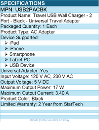 StarTech USB2PACBK Travel USB Wall Charger - 2 Port - Universal Travel Adapter