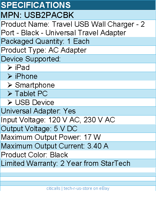 StarTech USB2PACBK Travel USB Wall Charger - 2 Port - Universal Travel Adapter