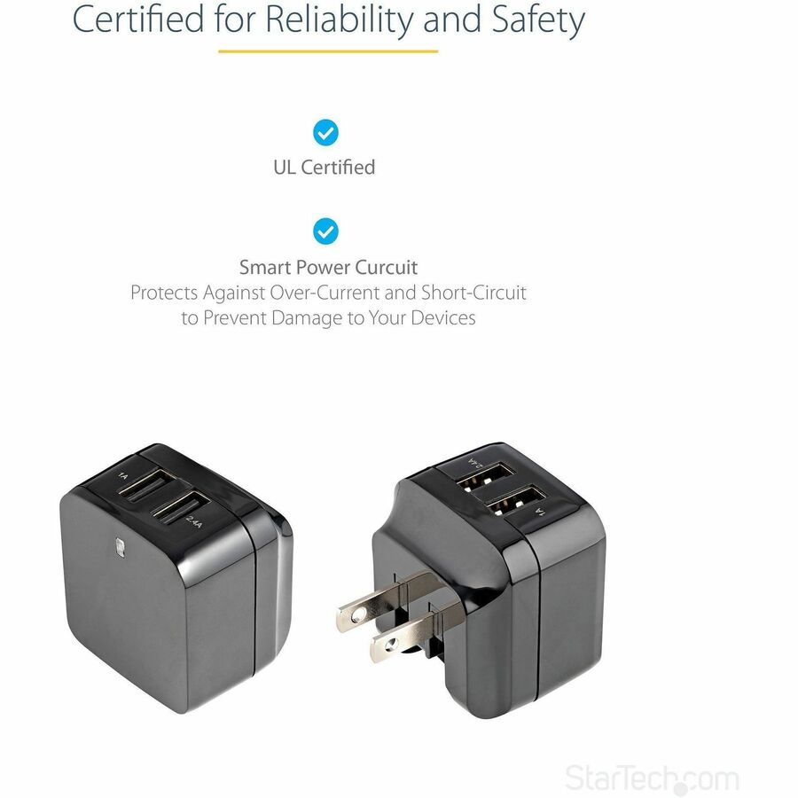 StarTech USB2PACBK Travel USB Wall Charger - 2 Port - Universal Travel Adapter