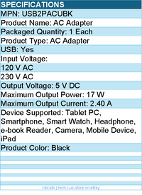 StarTech USB2PACUBK 2 Port USB Wall Charger, 17W  (2.4A & 1A port) - Black