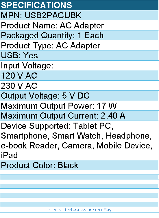 StarTech USB2PACUBK 2 Port USB Wall Charger, 17W  (2.4A & 1A port) - Black