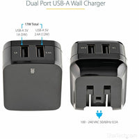 StarTech USB2PACUBK 2 Port USB Wall Charger, 17W  (2.4A & 1A port) - Black