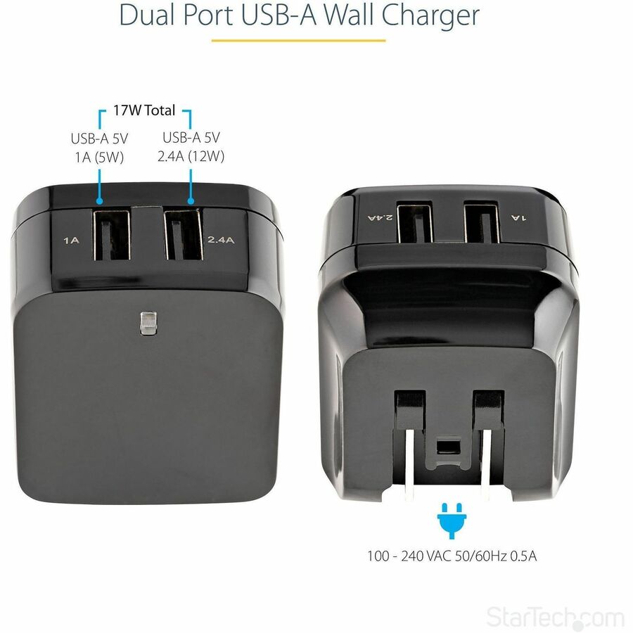 StarTech USB2PACUBK 2 Port USB Wall Charger, 17W  (2.4A & 1A port) - Black