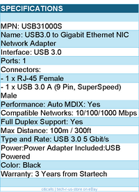 StarTech USB31000S USB3.0 to Gigabit Ethernet NIC Network Adapter Retail