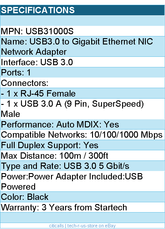 StarTech USB31000S USB3.0 to Gigabit Ethernet NIC Network Adapter Retail
