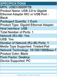 StarTech USB31000SPTB USB 3.0 to Gigabit Ethernet Adapter NIC w/ USB Port