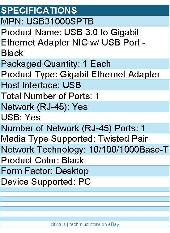StarTech USB31000SPTB USB 3.0 to Gigabit Ethernet Adapter NIC w/ USB Port