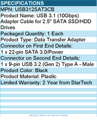 StarTech USB312SAT3CB USB 3.1 (10Gbps) Adapter Cable for 2.5"SATA SSD/HDD Drives