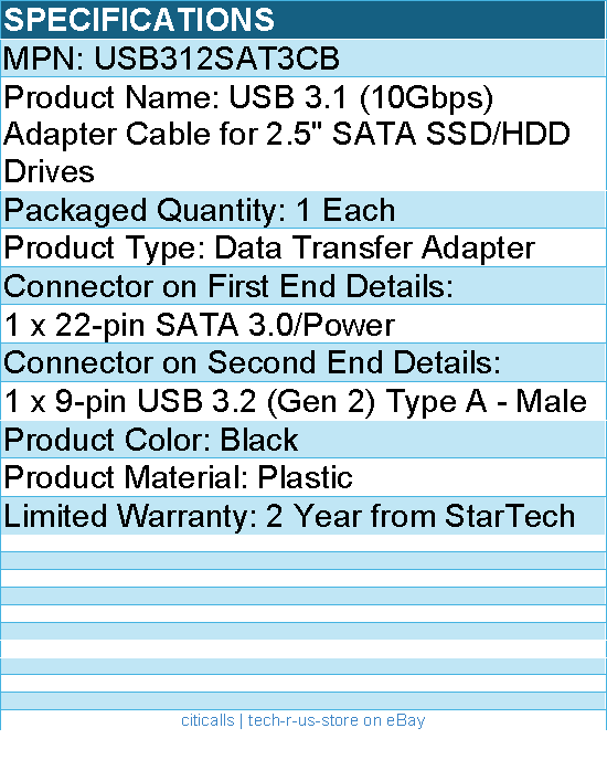 StarTech USB312SAT3CB USB 3.1 (10Gbps) Adapter Cable for 2.5"SATA SSD/HDD Drives