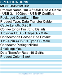 StarTech USB31AC1M 3 ft USB to USB C Cable - USB 3.1 (10Gpbs) - Black