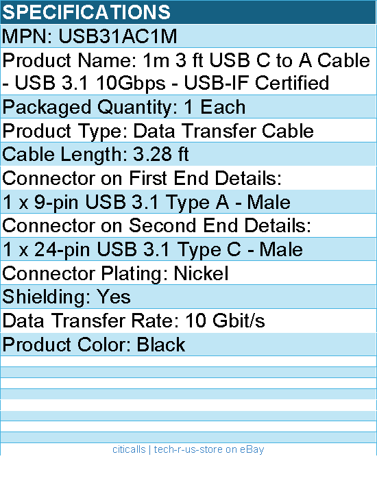 StarTech USB31AC1M 3 ft USB to USB C Cable - USB 3.1 (10Gpbs) - Black