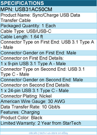 StarTech USB31AC50CM 0.5 m USB to USB C Cable - M/M - USB 3.1 (10Gbps)