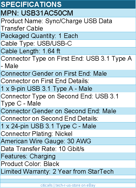 StarTech USB31AC50CM 0.5 m USB to USB C Cable - M/M - USB 3.1 (10Gbps)