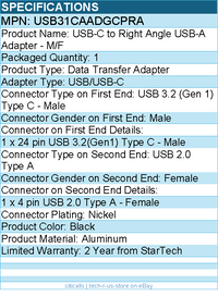 StarTech USB31CAADGCPRA Right Angled USB-C to USB-A Adapter, USB 5Gbps
