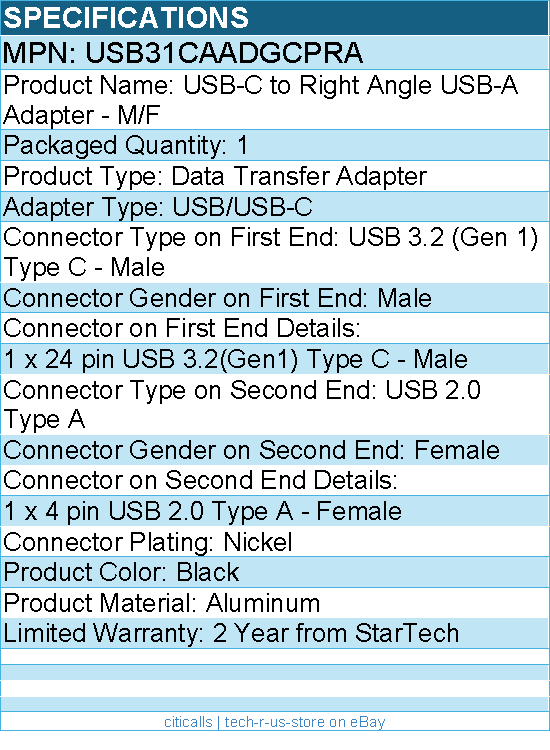 StarTech USB31CAADGCPRA Right Angled USB-C to USB-A Adapter, USB 5Gbps