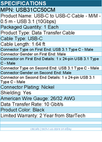 StarTech USB31CC50CM 0.5m USB C to USB C Cable - M/M - USB 3.1 Cable (10Gbps)