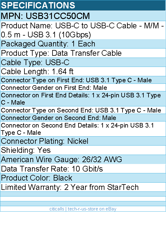 StarTech USB31CC50CM 0.5m USB C to USB C Cable - M/M - USB 3.1 Cable (10Gbps)