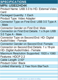 StarTech USB32HD4K USB 3.0 to Video Adapter, 4K 30Hz UH - Black