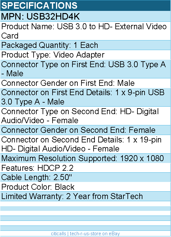 StarTech USB32HD4K USB 3.0 to Video Adapter, 4K 30Hz UH - Black