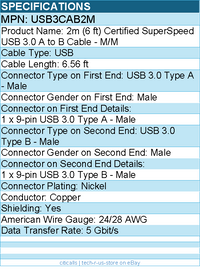 StarTech USB3CAB2M 6 ft Certified SuperSpeed USB 3.0 (5Gbps) A to B Cable - M/M