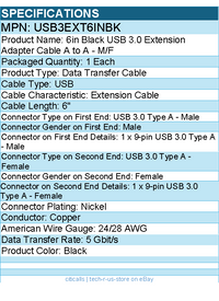 StarTech USB3EXT6INBK 6in USB 3.0 (5Gbps) Extension Adapter Cable A to A - M/F