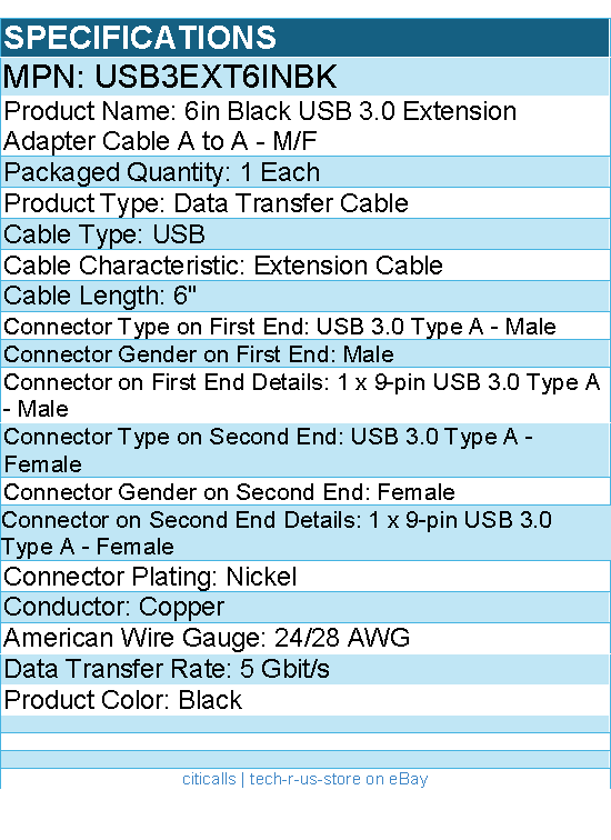 StarTech USB3EXT6INBK 6in USB 3.0 (5Gbps) Extension Adapter Cable A to A - M/F