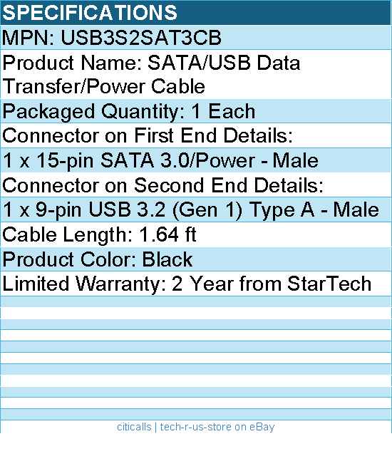 StarTech USB3S2SAT3CB USB 3.0 to 2.5" SATA III Hard Drive Adapter Cable w/ UASP