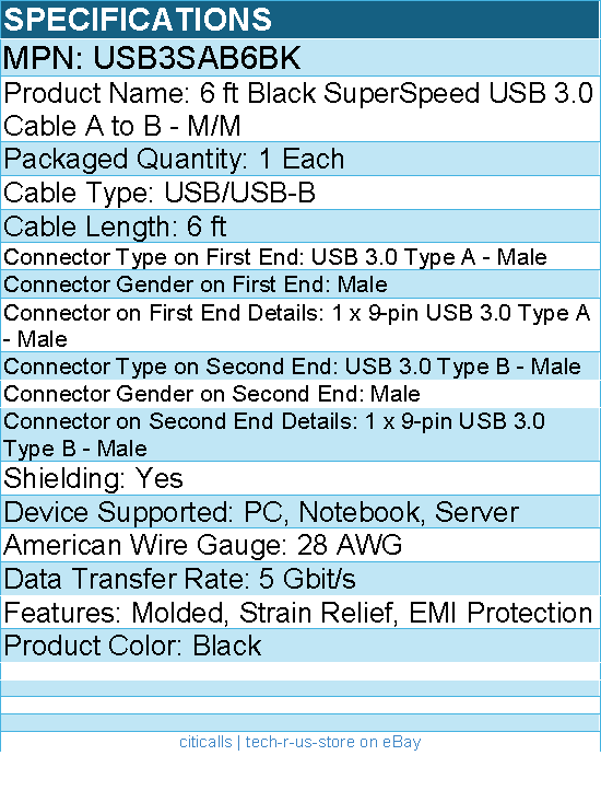 StarTech USB3SAB6BK 6 ft Black SuperSpeed USB 3.0 (5Gbps) Cable A to B - M/M