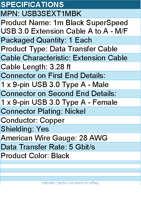 StarTech USB3SEXT1MBK Black SuperSpeed USB 3.0 (5Gbps) Extension Cable