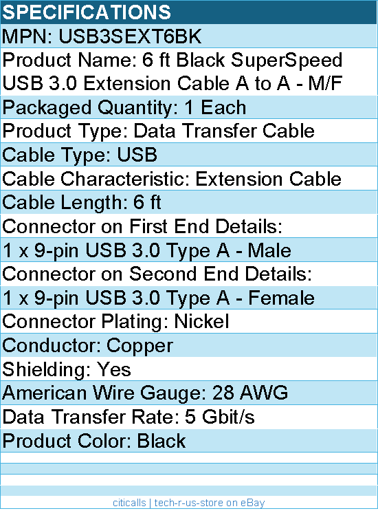 StarTech USB3SEXT6BK 6 ft Black SuperSpeed USB 3.0 (5Gbps) Extension Cable
