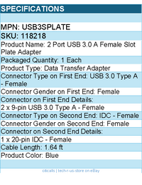 StarTech USB3SPLATE 2Port USB 3.0 A Female Slot Plate Adapter Retail